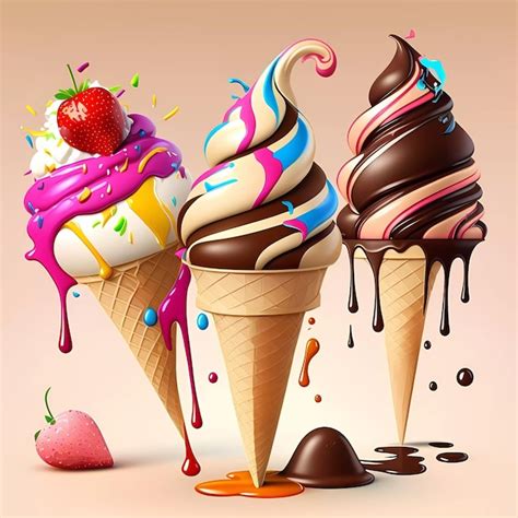 Premium AI Image Three Ice Cream Cones With Different Flavors And One