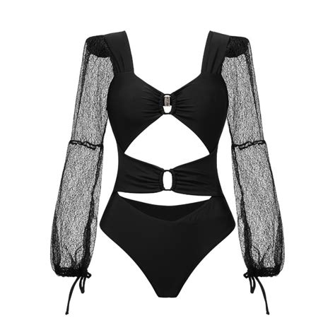 Hhh Swimwear New Mesh Long Sleeve Hollow Out Solid Color One Piece Swimsuit Female Hot