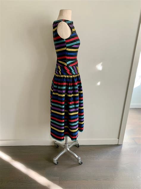 1960s Taffeta Rainbow Striped Drop Waist Dress Size S Gem