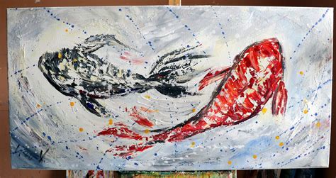 RED Black KOI FISH Abstract Painting Palette Knife Textured Artwork ...