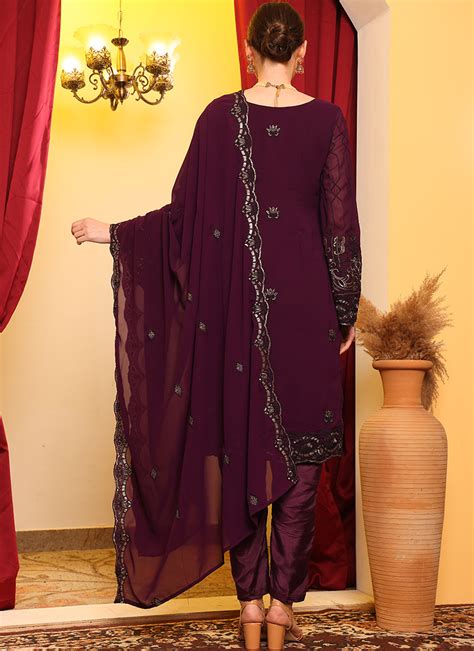 Buy Wine Faux Georgette Thread Work Zari Sequins Pakistani Suit Party