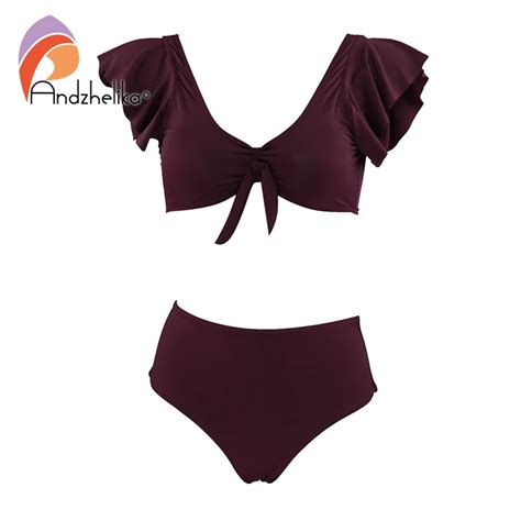 Andzhelika Solid Ruffled High Waist Bikini Set Swimsuit Womens Swimwear 2022 New Sexy Tank Two