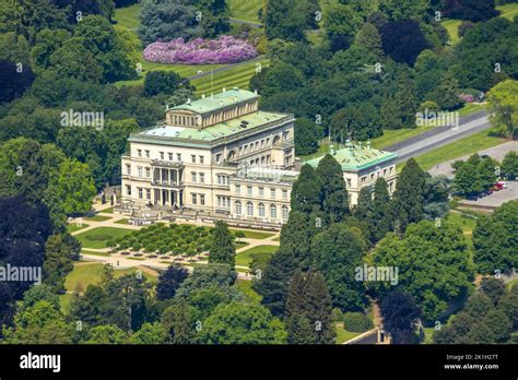 Aerial view Villa Hügel and rhododendron blossom in the park former