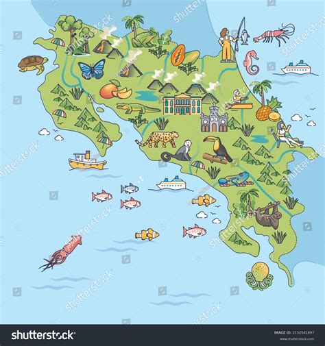 Costa Rica Island Geography Wildlife Nature Stock Vector (Royalty Free