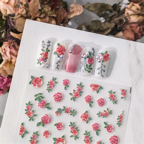 5d Red Rose Nail Stickers Rose Nail Decals Flowers Embossed Nail Art