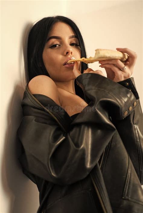 Attractive Woman Leather Jacket Naked Body Eating Pizza Put Slice Into Mouth Tempting Dish