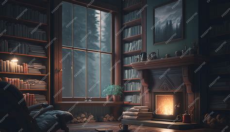 Premium AI Image | A room with a fireplace and a bookcase with a ...