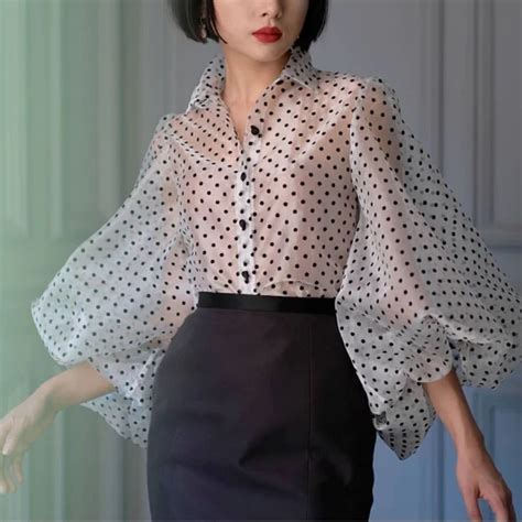 Polka Dot With Lantern Sleeves Blouse Vintage Blouses For Women