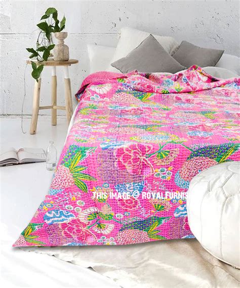 Pink Colorful Tropicana Flower Printed Unique Handmade Kantha Quilt