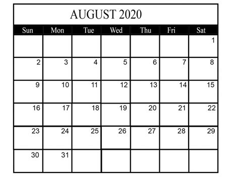 August 2020 Calendar Template Word - Printable Blank Calendar Template