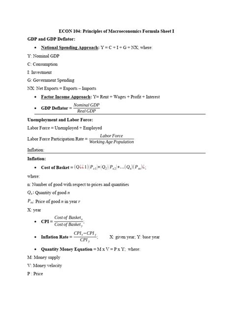 Econ 104 Exam 1 Formula Sheet Pdf