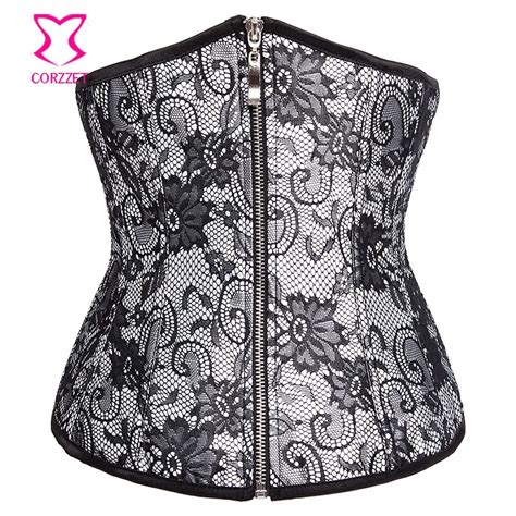 White Satin Overlay Floral Lace Corsetti E Bustier Underbust Corset Sexy Zipper Waist Trainer