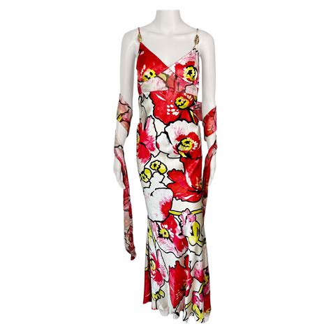Roberto Cavalli S/S 2005 Silk Floral Print Slip Evening Dress and Wrap