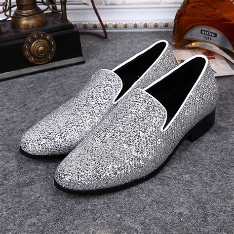 Mens Wedding Dress Shoes Bling Glitter Stage Shoes Silver Leather