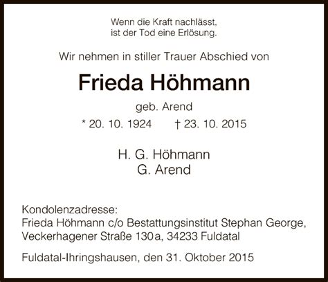 Traueranzeigen Von Frieda H Hmann Trauer Hna De