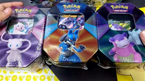 Unboxing Pokemon Lucario Mew And Slowpoke V Forces Tin Set Youtube