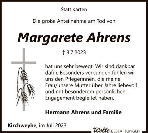 Traueranzeigen Von Margarete Ahrens Trauer Kreiszeitung De