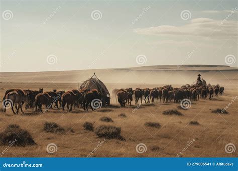 Nomadic Tribe Moving with Their Herd of Animals on Open Grassland Stock ...