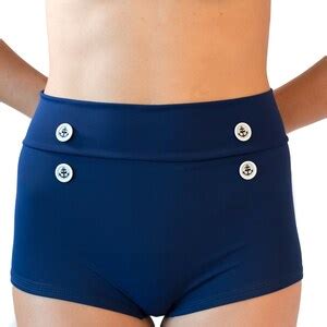 Classic Navy Blue High Waisted Retro Bikini Bathing Suit With Metal Star Buttons Navy Boy Shorts
