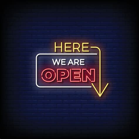 Neon Sign We Are Open Here With Brick Wall Background Vector