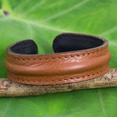 Men's Brown Leather Cuff Bracelet from Thailand - Basic Brown | NOVICA