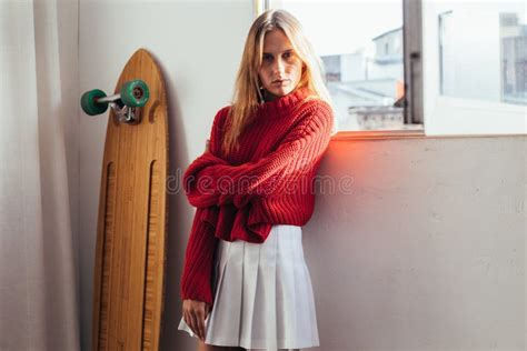 Blonde Model In Cute Outfit With Longboard Stock Photo Image Of Carefree Lifestyle