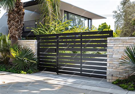 Modern blackcolored wall fence with horizontal slats and a brick finish ...