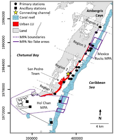 Map of the study area adjacent to Ambergris Caye, Belize, showing... | Download Scientific Diagram