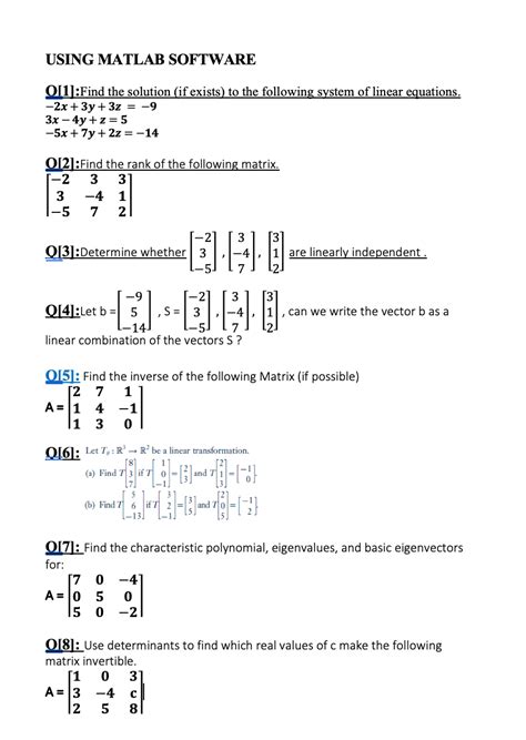 Solved Using Matlab Software O 1 Find The Solution If