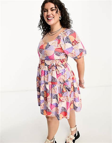 Neon Rose Plus Patch Print Ruffle Mini Dress In Pink Multi Asos