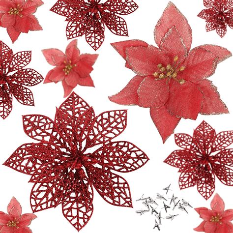 Pieces Christmas Glitter Poinsettia With Clips Christmas Poinsettia