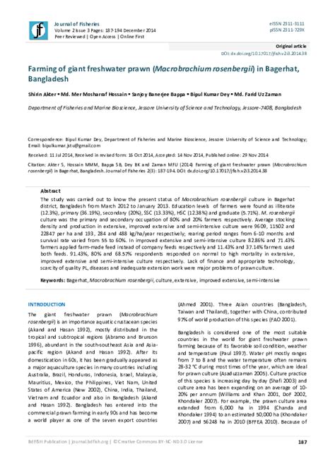 (PDF) Farming of giant freshwater prawn (Macrobrachium rosenbergii) in ...