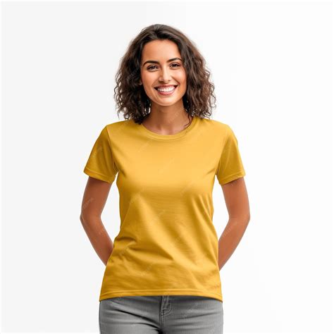 Premium Ai Image Woman Wearing A Yellow T Shirt Against A White