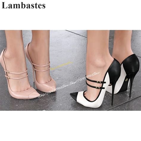 Stylish Mixed Splicing Strappy Casual Pumps Thin High Heel Women Shoes Buckle Strap Pointed Toe