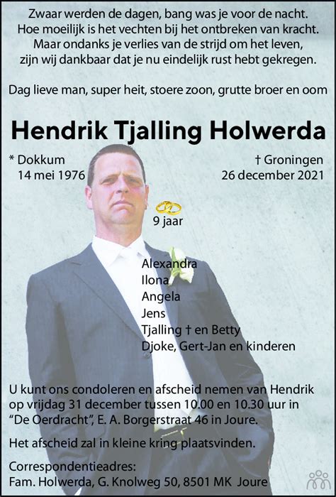 Henrik Tjalling Holwerda Overlijdensbericht En Condoleances