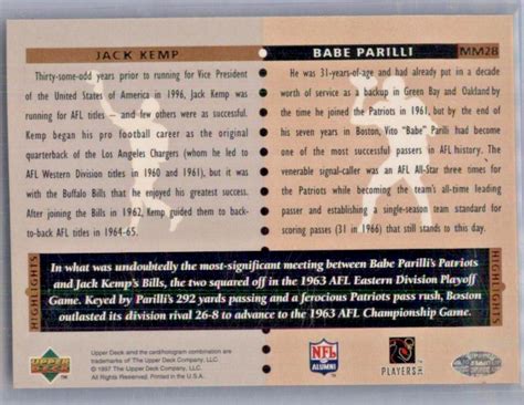 1997 Upper Deck Legends Babe Parilli And Jack Kemp Marquis Matchup