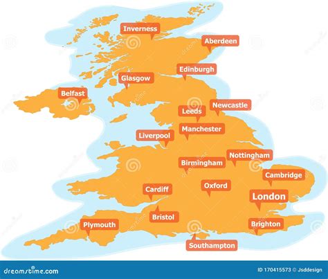 Vector Map Of United Kingdom With Major Cities Stock Vector