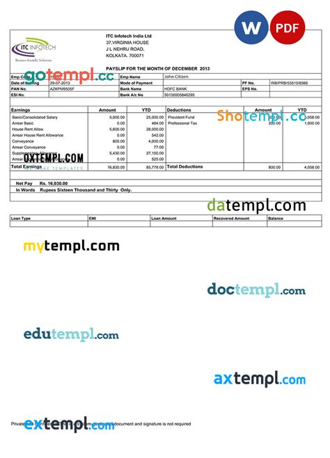 INDIA ITC Infotech India LTD payslip template in Word and PDF formats ...