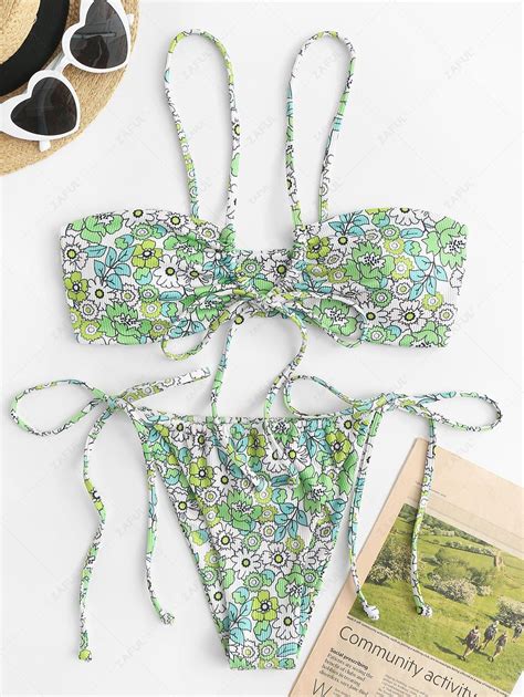 Zaful Ribbed Ditsy Print Tied Loincloth Bikini Swimwear In Green