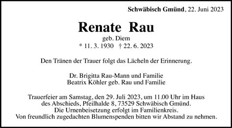 Traueranzeigen Von Renate Rau OstalbTrauer