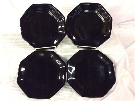 Black Glass Novoctime Octime Arcopal Arcoroc France Set 4 Salad Dinner Plates 1725919922