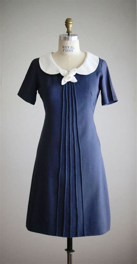 Vintage 1960s Vicky Vaughn Dress In Navy Blue With A White Peter Pan