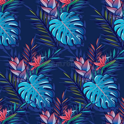 Vector Seamless Pattern Of Green Tropical Leaves With Plumeria