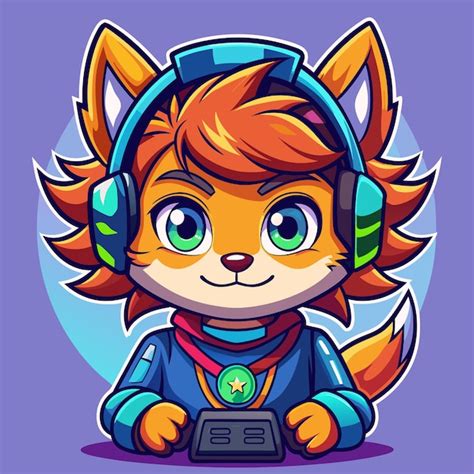 Cute Cartoon Fox Wearing Headphones And Playing Video Games Premium