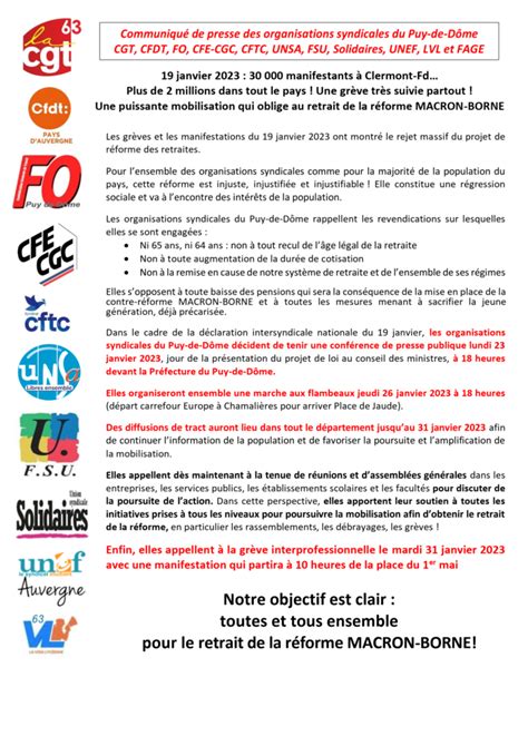 Communiqué de presse des organisations syndicales du Puy de Dôme CGT