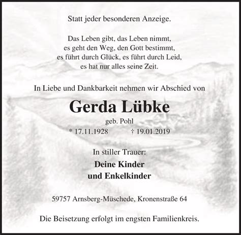 Traueranzeigen Von Gerda L Bke Trauer In Nrw De