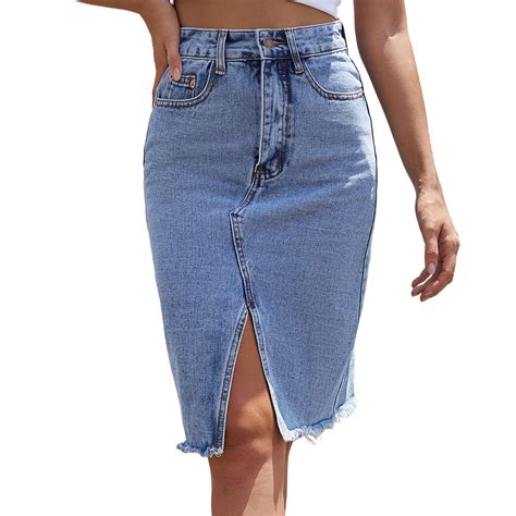 Women S Denim Pencil Skirt High Waisted Knee Length Side Split Hem