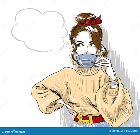 Trendy Girl Drinking Coffee and Looking Up Stock Vector - Illustration of character, face: 158949460