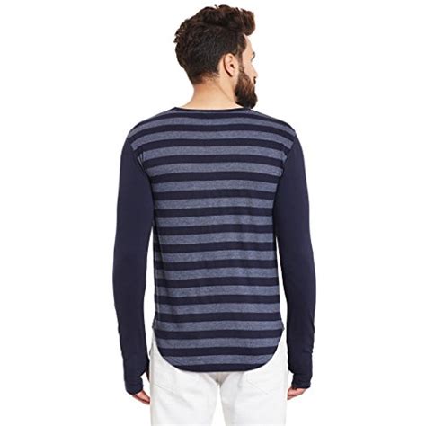 Buy HYPERNATION Blue And Grey Stripe Round Neck Thumb Insert Cotton