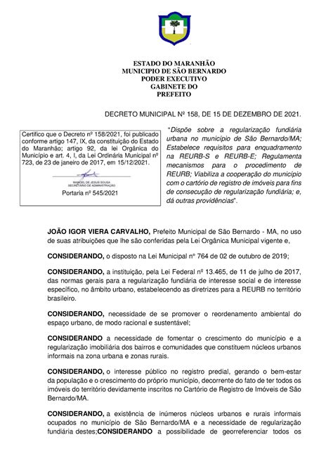 Decreto Muncipal No 158 Reurb Municipio De SÃo Bernardo Poder Executivo Gabinete Do Prefeito